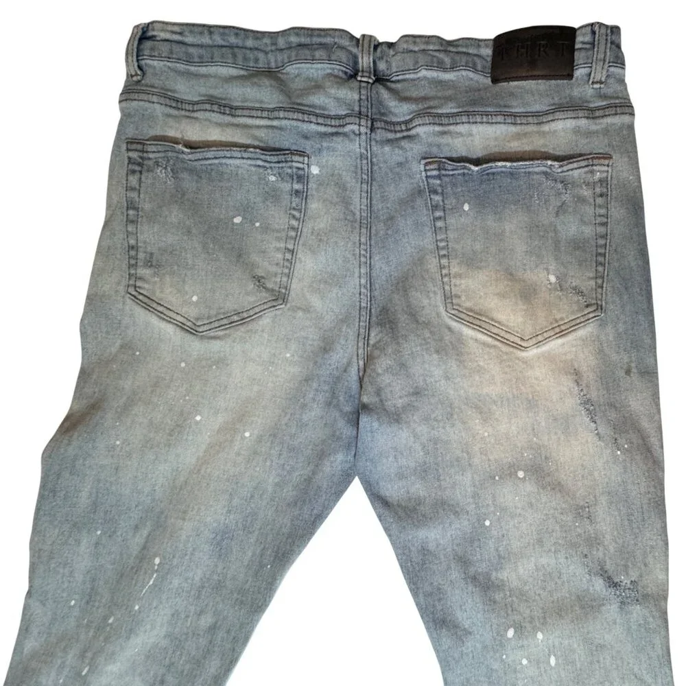 THRT Distressed Splatter Jeans Men 40x32 Lt Wash Ripped Distressed Grunge Street - Picture 6 of 16